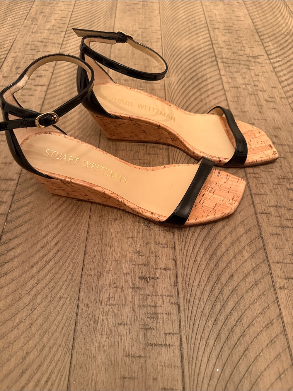 Stuart Weitzman Black Leather Ankle-Strap Cork Wedges